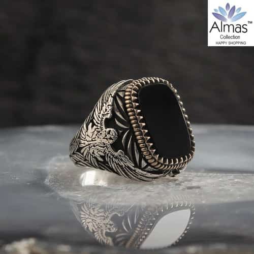 Natural Black Onyx Stone Ring for Men, Natural Black Onyx Stone Statement Rings, Vintage Retro Style