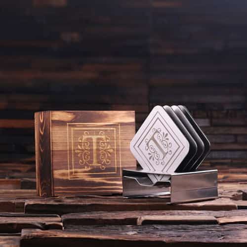 £35.99 - Free UK Delivery -  Square Coaster Set with Holder & Wood Gift Box Personalised
