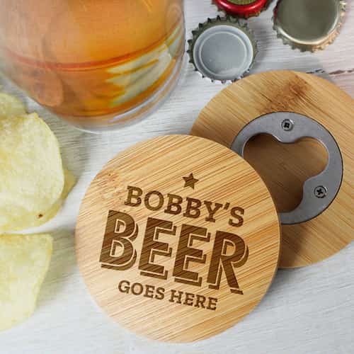 £11.99 Free UK Delivery - Beer Goes Here Bamboo Bottle Opener Coaster Personalised