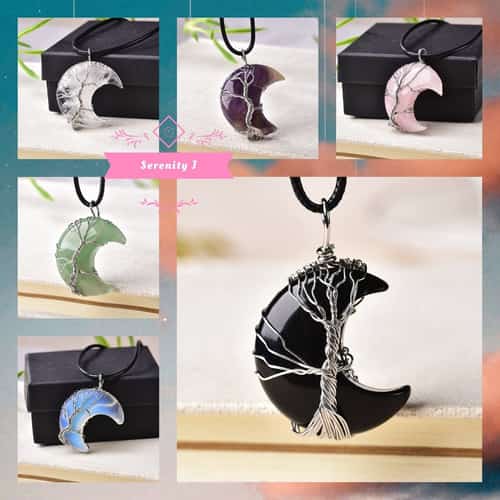Tree Of Life Moon Shape Polished Stone Necklace - 6 Colours £15.95