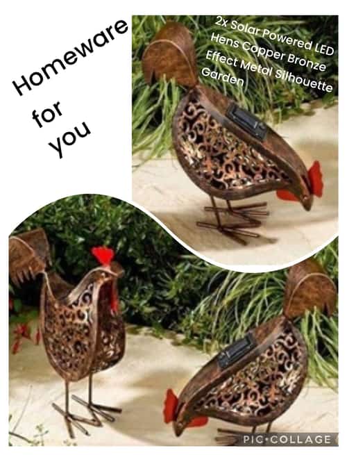 2x Solar Powered LED Hens Copper Bronze Effect Metal Silhouette Garden