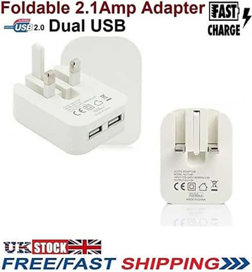 Dual USB Ports 2.1A Charger Adapter Mains Wall Plug Charging 5V 3-Pin Fold UK (White):£6.49