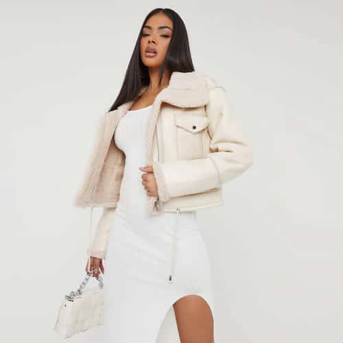 SAVE - POCKET DETAIL FAUX SHEARLING AVIATOR JACKET IN CREAM FAUX LEATHER