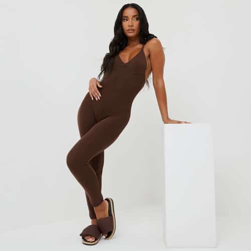 SAVE - THIN STRAPPED JUMPSUIT IN BROWN KNIT