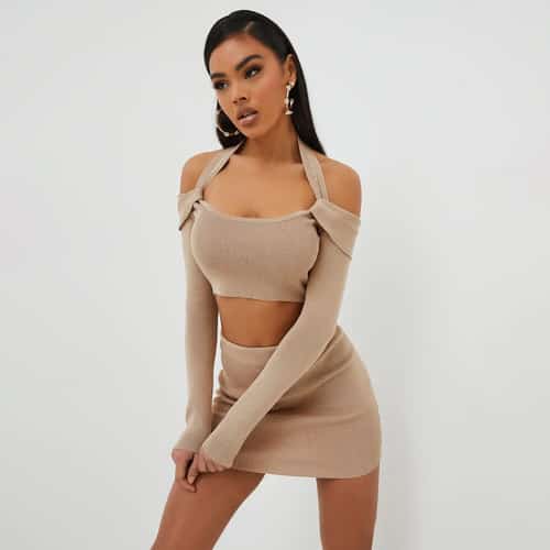 SAVE - LONG SLEEVE TWIST DETAIL BARDOT HALTERNECK CROP TOP IN BEIGE KNIT