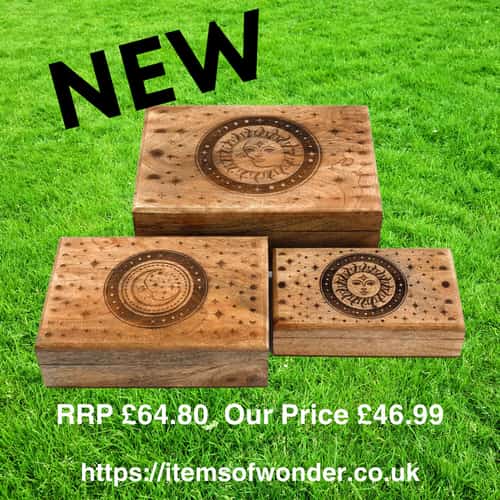 Set of 3 Sun and Moon Mango Wood Boxes.