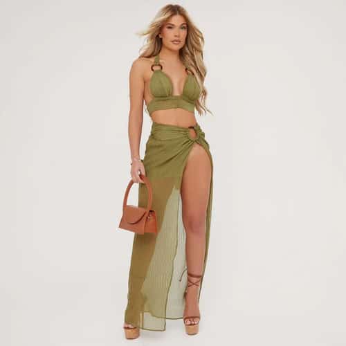 Chic & Stylish: Green Textured Maxi Skirt with Ring Detail - On Sale!