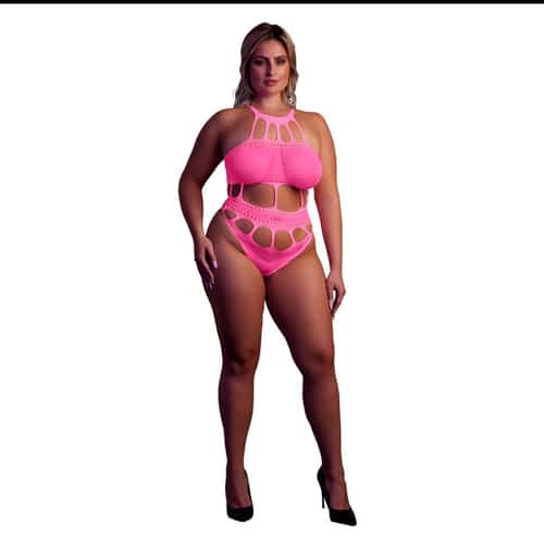 Cut Out Thong Bodysuit Neon Pink Plus Size