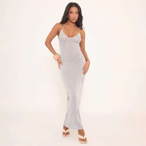 🌟 73% Off! Halterneck Starfish Applique Maxi Dress in Silver Glitter Knit ✨🐚