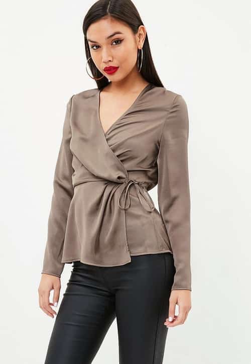 30% off tops & bottoms: brown satin wrap tie side blouse £24.00!