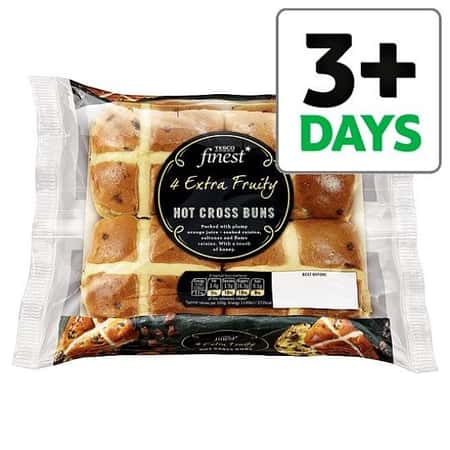 Get ready for Easter - Tesco Finest 4 Extra Fruity Hot Cross Buns just £1.50!