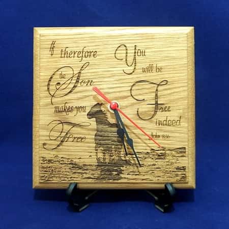 Laser Engraved Wooden Clock - John 8:36 - The Son Makes You Free
