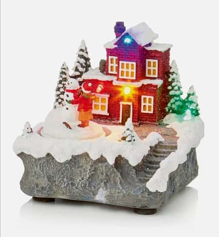 Christmas 14cm Battery Operated LED Lit Village Scene - House and Snowman Design
