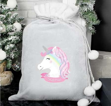 Personalised Christmas Unicorn Luxury Silver Grey Pom Pom Sack