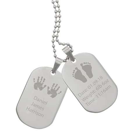 Personalised Hands and Feet New Baby Stainless Steel Double Dog Tag Necklace