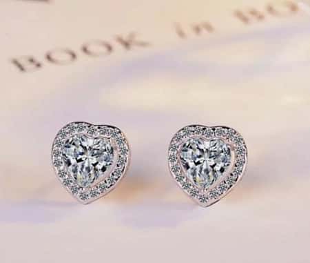 Heart Crystal Stone Stud Earrings 925 Sterling Silver
