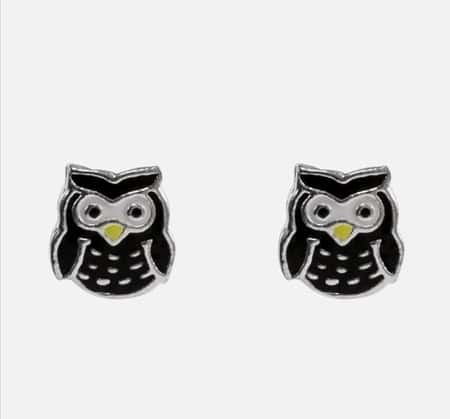 Solid Sterling Silver Black Enamel Owl Design Ear Studs