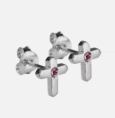 Solid Sterling Silver Cross Design Earrings with Pink cubic zirconi