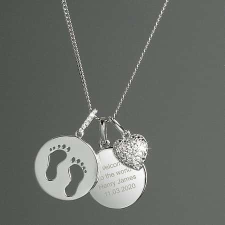 Personalised Sterling Silver Footprints and Cubic Zirconia Heart Necklace