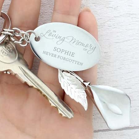 Personalised Silver Plated 'In Loving Memory' Calla Lily Keyring