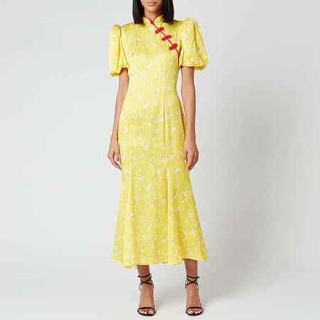 SALE - De La Vali Women's Bluebell Printed Satin Midi Dress - Yellow Rose!