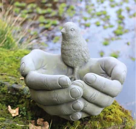 BIRD ON HANDS BADIN, BATH, BIRD FEEDER