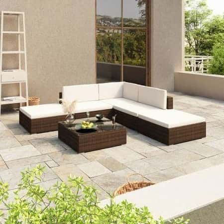 6 PIECE GARDEN LOUNGE SET WITH CUSHIONS POLY RATTAN BROWN