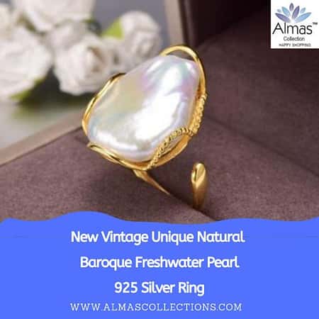 New Vintage Unique Natural  Baroque Freshwater Pearl 925 Silver Ring