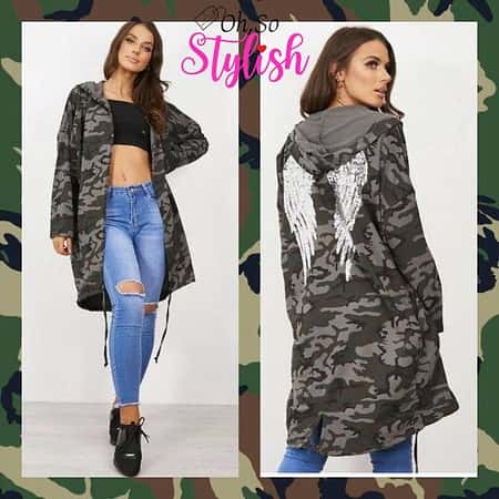 Camo Angel Wing Sequin Hooded Cardigan