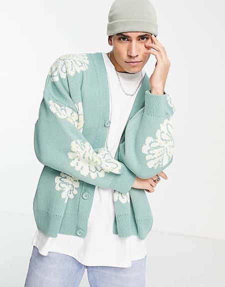Topman oversized knitted cardigan with sunflower print in sage green - £40.00!