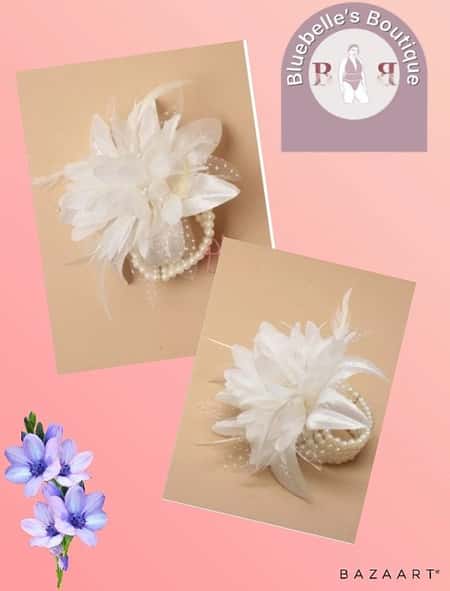Cream flower corsage on a pearl bead bracelet.