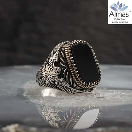 Natural Black Onyx Stone Ring for Men, Natural Black Onyx Stone Statement Rings, Vintage Retro Style