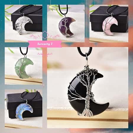 Tree Of Life Moon Shape Polished Stone Necklace - 6 Colours £15.95