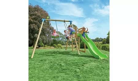 SAVE - TP Kite Wooden Kids Double Swing Set with 8ft Wavy Slide