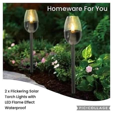 2 x Flickering Solar Torch Lights with LED Flame Effect Waterproof