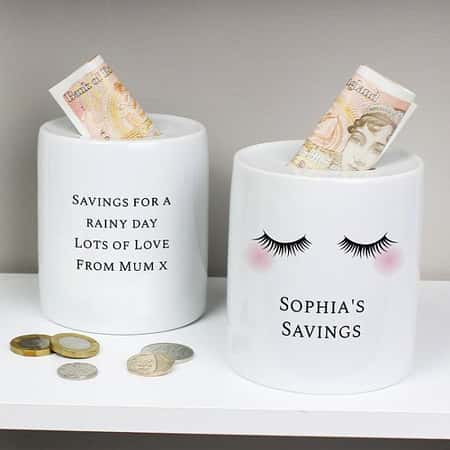 £15.99 - Free UK Delivery - Eyelashes Ceramic Money Box Personalised