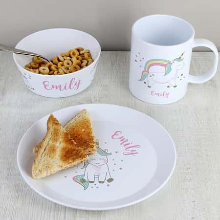 Personalised Unicorn Plastic Childs Breakfast Set