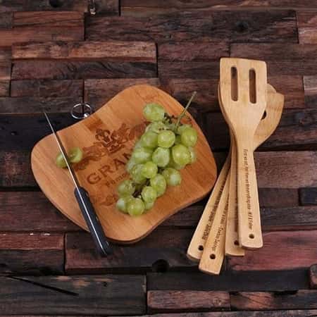 4pc Personalised Bamboo Kitchen Spoons and Apple Shape Cutting Board