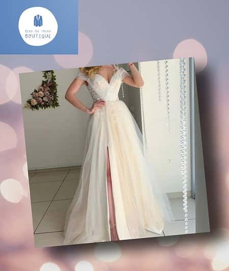S-XL Women Elegant Off-The-Shoulder V-Neck Side-Slit Mesh Patchwork Sweep Length Wedding Evening