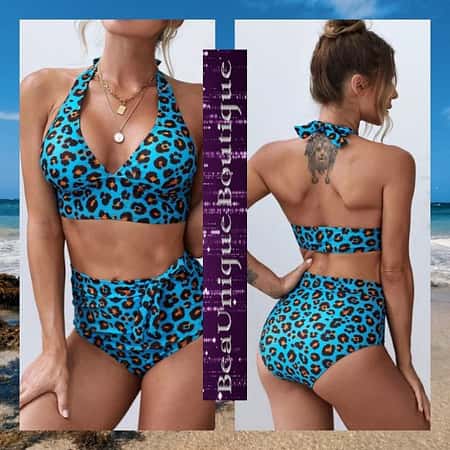 Blue Halter V Neck Leopard High Waisted Bikini £17.99