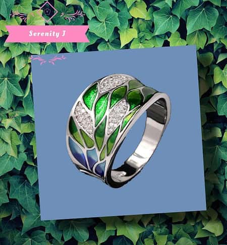 925 Silver Green Leaf Enamel Wide Ring £25.95