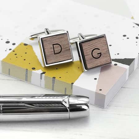 Monogram Engraved Square Walnut Cufflinks