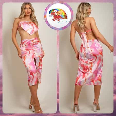 Fuchsia Tie Dye Print Hanky Hem Top & Skirt Set £17.99