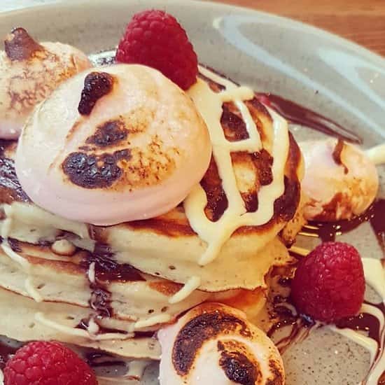 DOUBLE CHOCOLATE, TOASTED MARSHMALLOW AND RASPBERRY PANCAKES! Try this and all our new Pancakes!