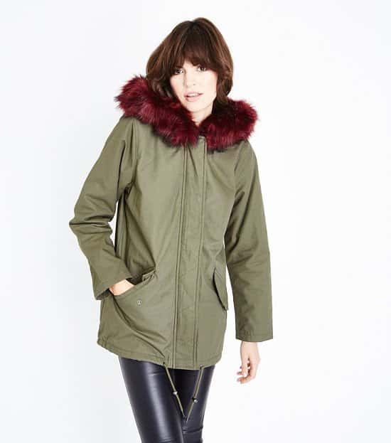 Khaki Contrast Faux Fur Trim Hooded Parka: Save £24.99!