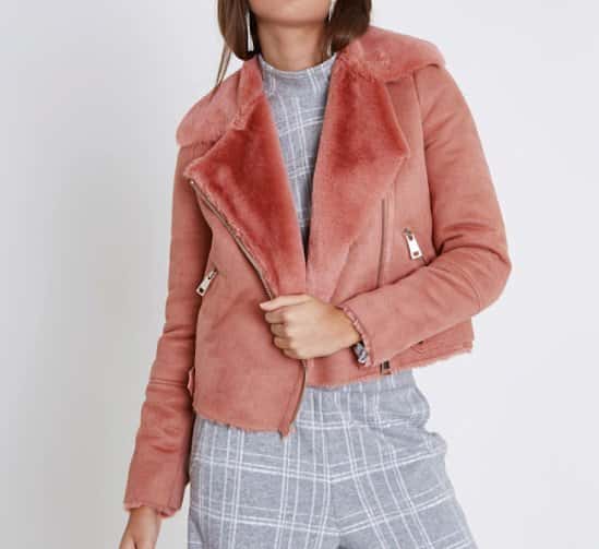Pink faux shearling biker jacket: Save £28.00!