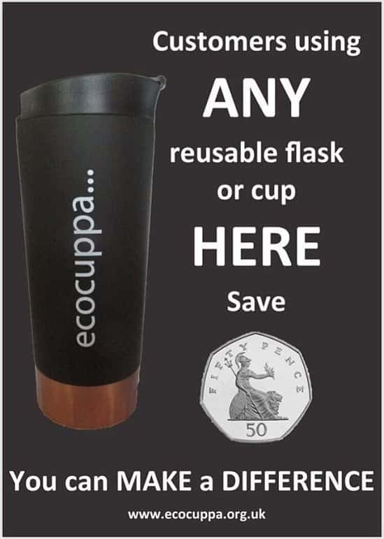 We'll be discounting our large take out coffee by 50p when someone brings in their own coffee cup