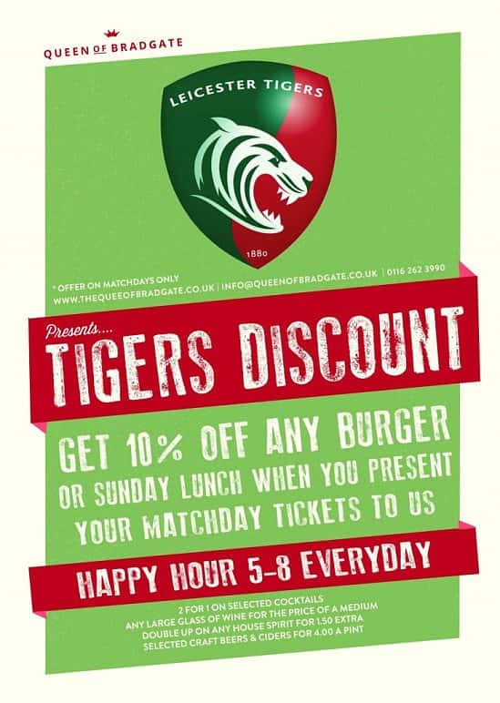 Tigers Discount! Get 10% off any burger or Sunday Lunch when you present your match day ticket.