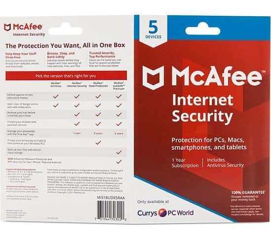 SAVE 70% on MCAFEE Internet Security 2018 - 1 year for 5 devices - ONLY £14.99!