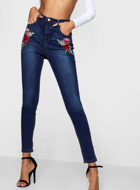 SAVE 40% on these High Rise Rose Applique Skinny Jeans!